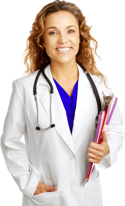 A woman in white lab coat holding tools.